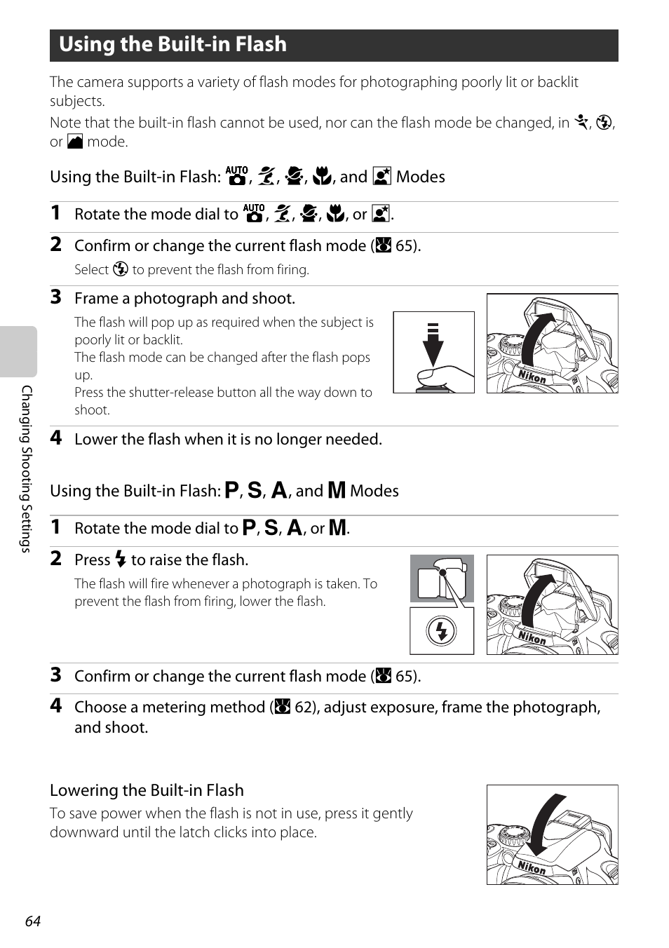 Using the built-in flash, See “using the built-in flash” (a 64), A 64) | Nikon D60 User Manual | Page 76 / 204