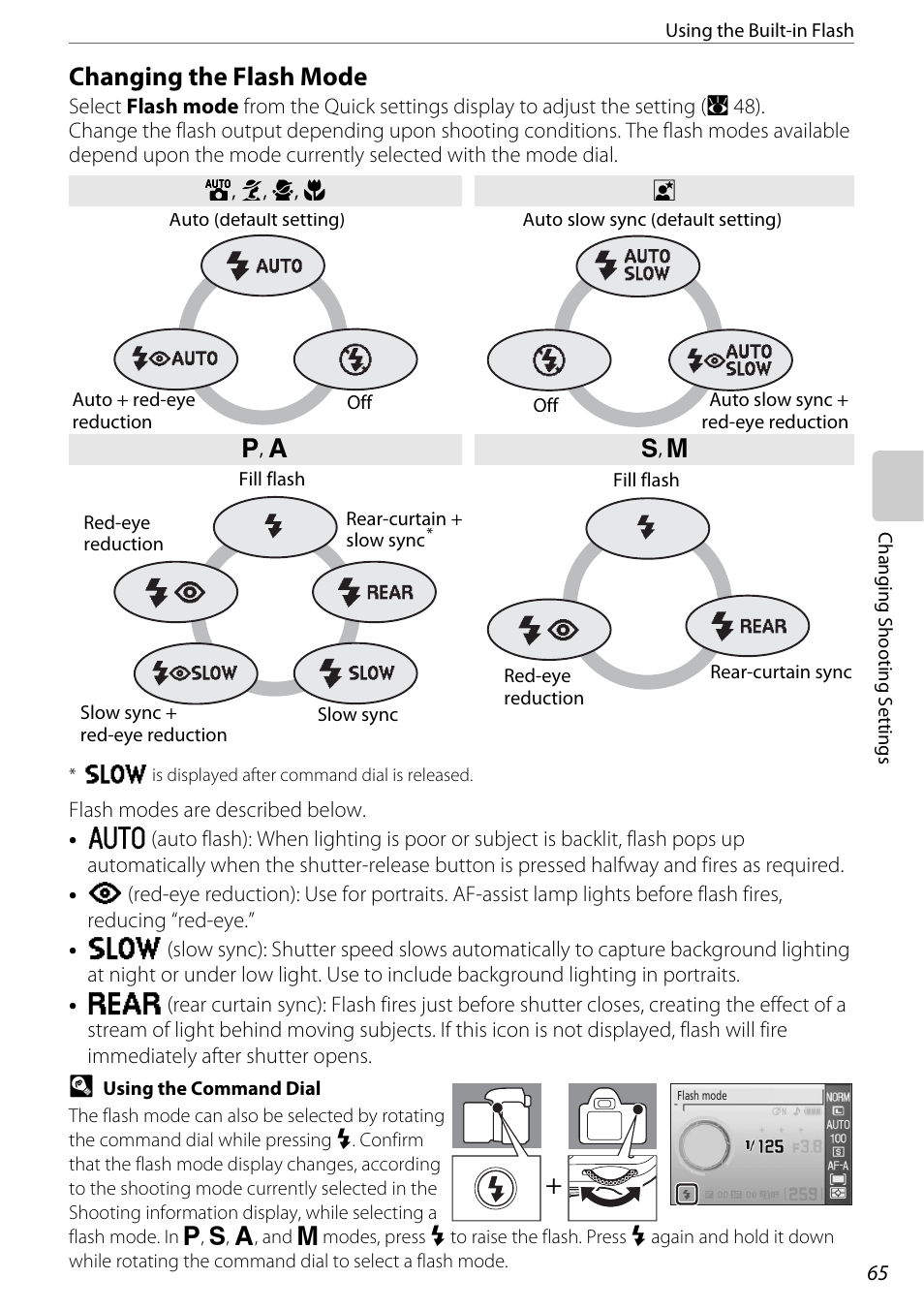 Changing the flash mode, A 65), H mode (a 65) to tur | Nikon D60 User Manual | Page 77 / 204