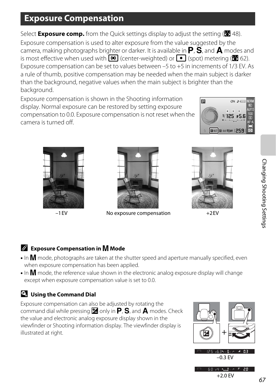 Exposure compensation, Modes; a 67, A 67), which | A 67 | Nikon D60 User Manual | Page 79 / 204