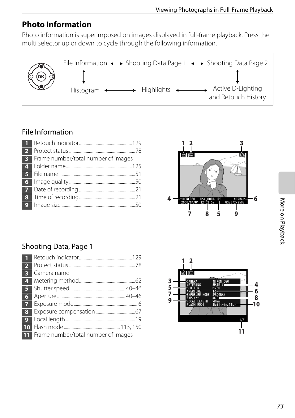 Photo information, A 73) | Nikon D60 User Manual | Page 85 / 204