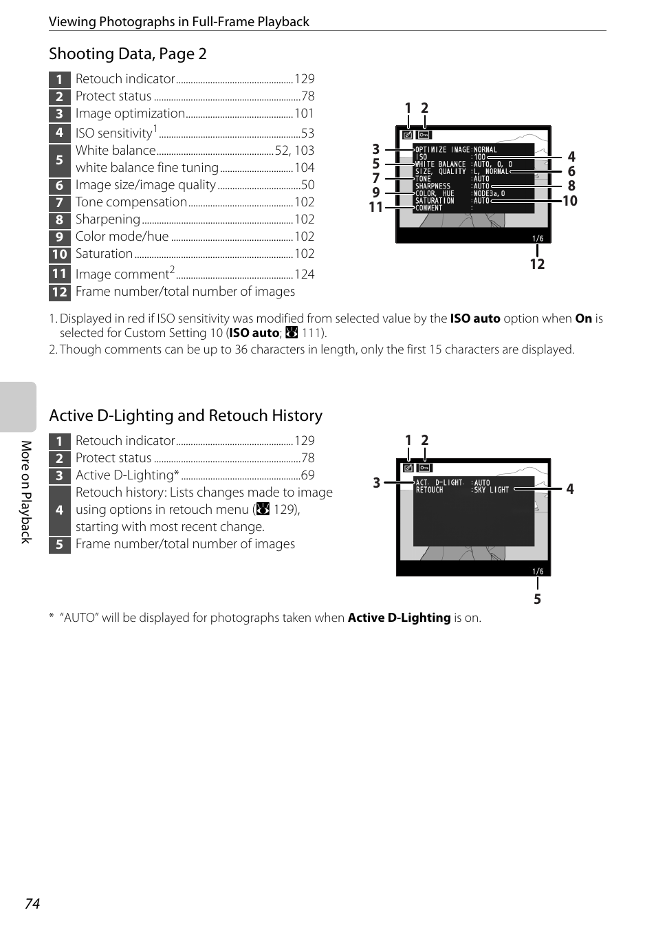 Shooting data, page 2, Active d-lighting and retouch history | Nikon D60 User Manual | Page 86 / 204