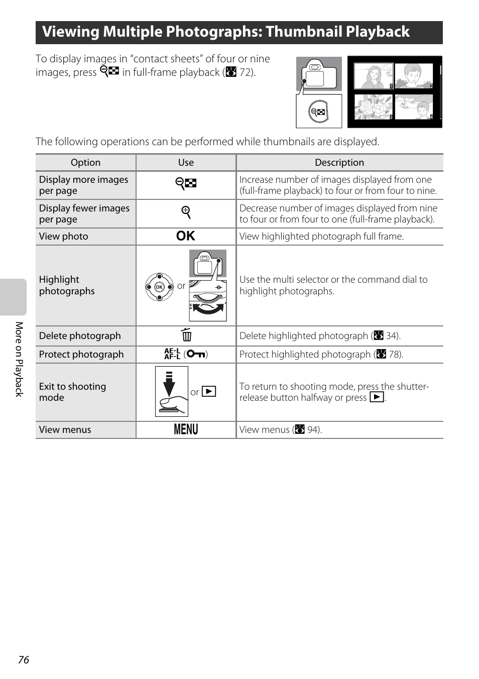 Viewing multiple photographs: thumbnail playback, S (a 76), A 76) | Nikon D60 User Manual | Page 88 / 204