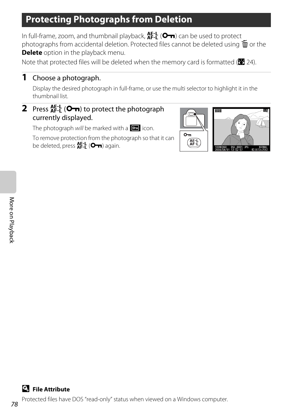 Protecting photographs from deletion, A 78), A 78 | Nikon D60 User Manual | Page 90 / 204