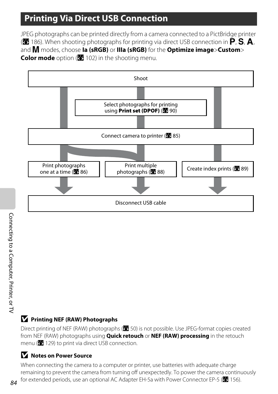 Printing via direct usb connection, A 84 | Nikon D60 User Manual | Page 96 / 204