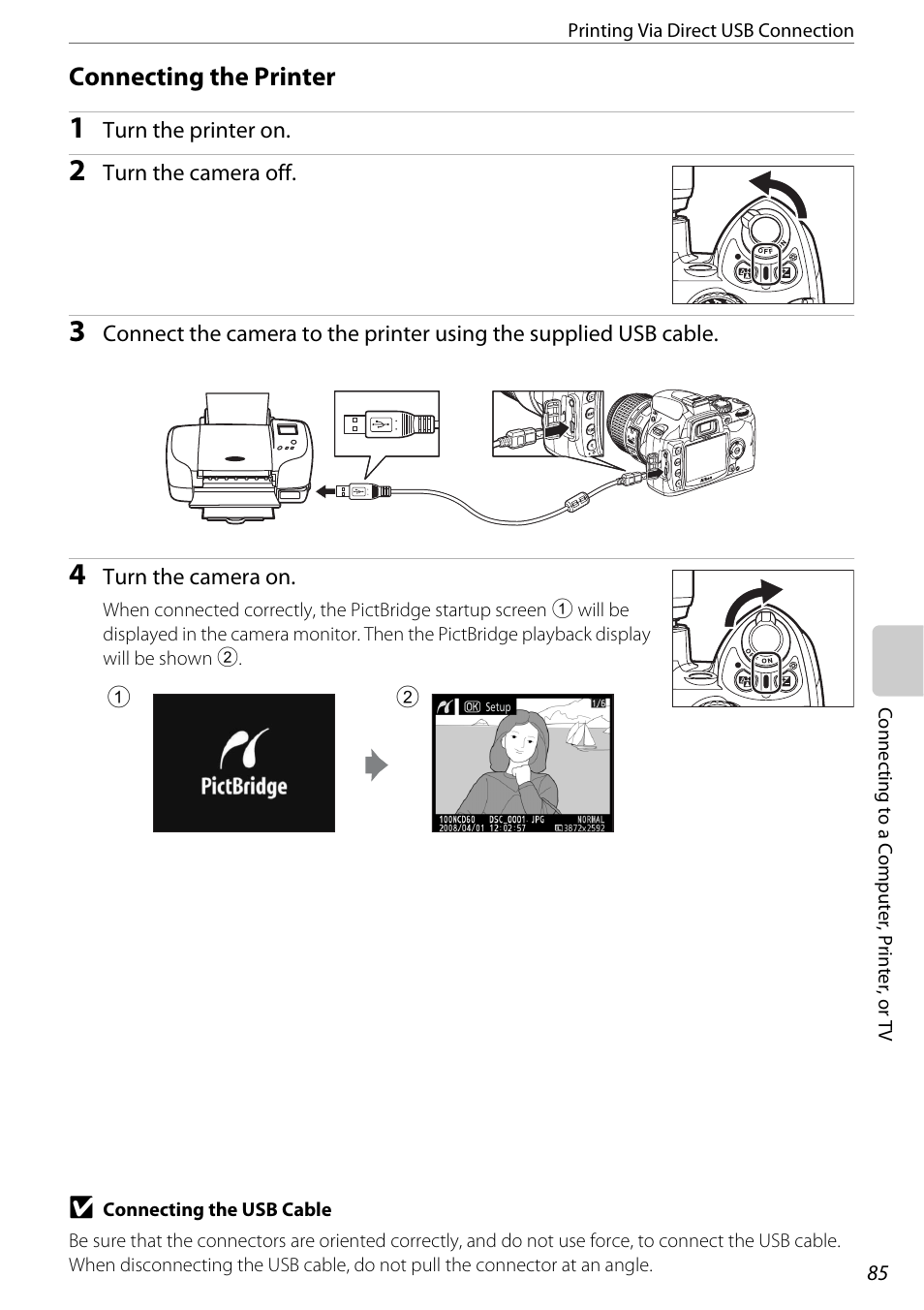 Connecting the printer, A 85) | Nikon D60 User Manual | Page 97 / 204