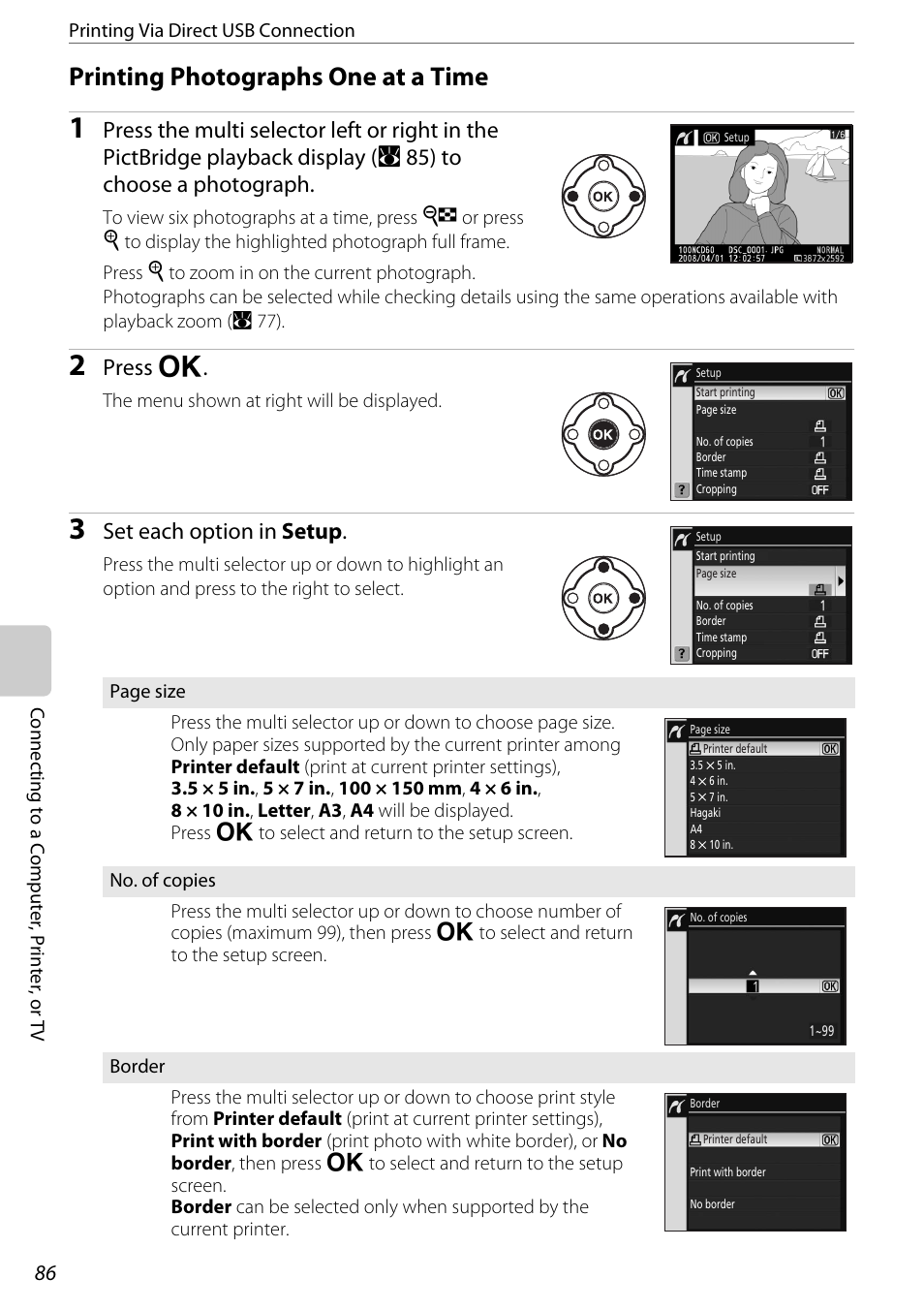 Printing photographs one at a time, A 86), Press q | Set each option in setup | Nikon D60 User Manual | Page 98 / 204