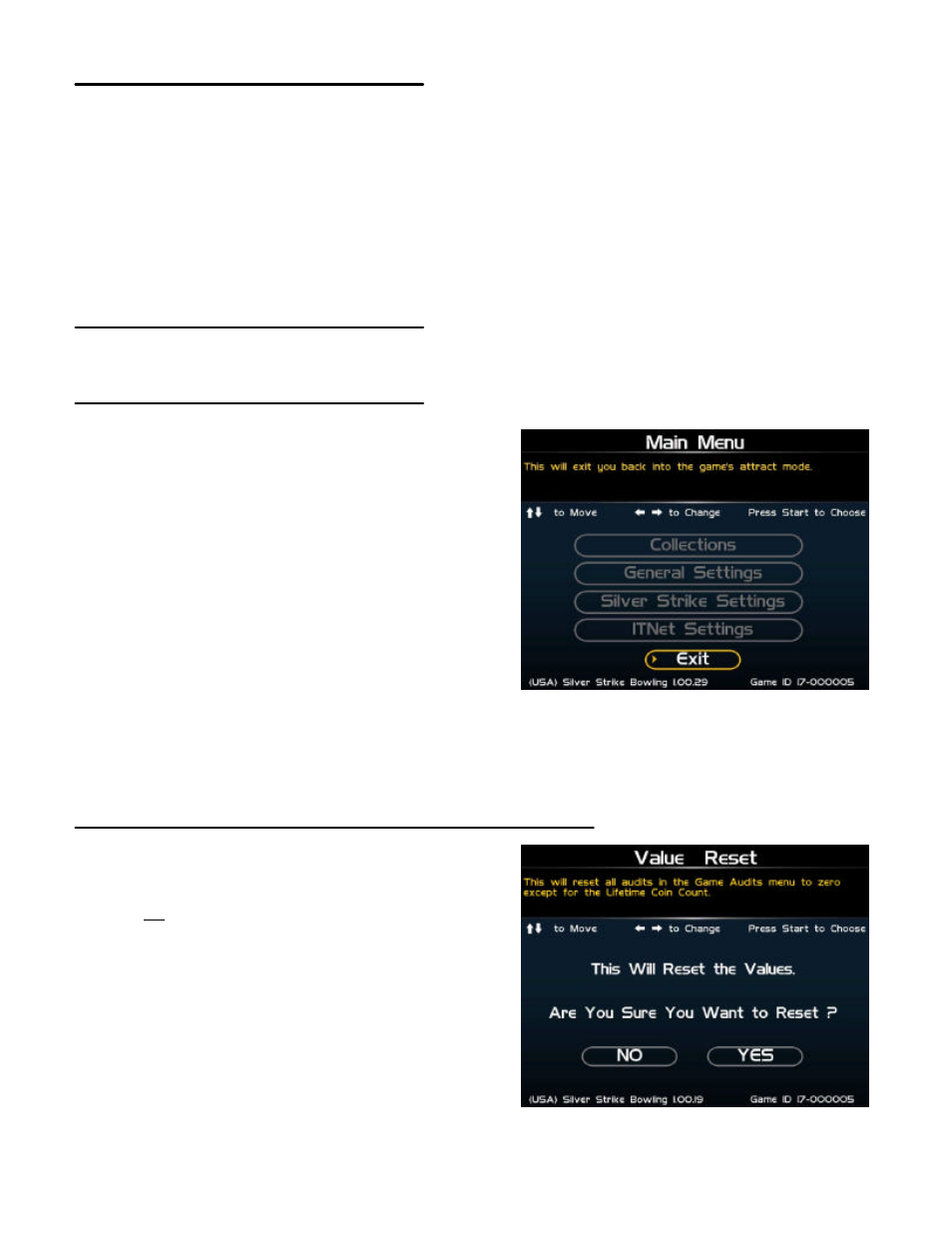 Operator mode menus, Navigating the menus, Main menu | Value reset (collections and audits reset) | Nighthawk SILVER STRIKE BOWLING User Manual | Page 24 / 59