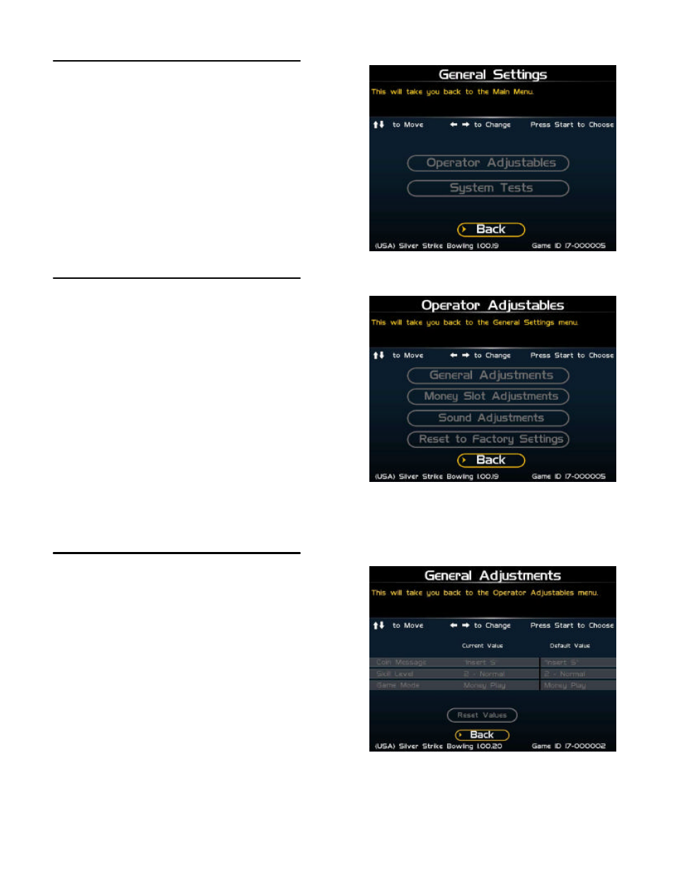 General settings, Operator adjustables, General adjustments | Nighthawk SILVER STRIKE BOWLING User Manual | Page 25 / 59