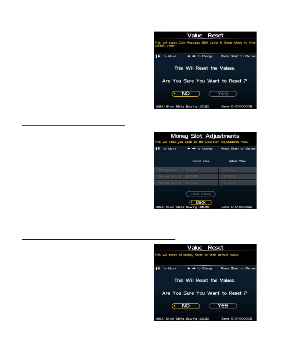 Value reset (general adjustments), Money slot adjustments, Value reset (money slot adjustments) | Nighthawk SILVER STRIKE BOWLING User Manual | Page 26 / 59