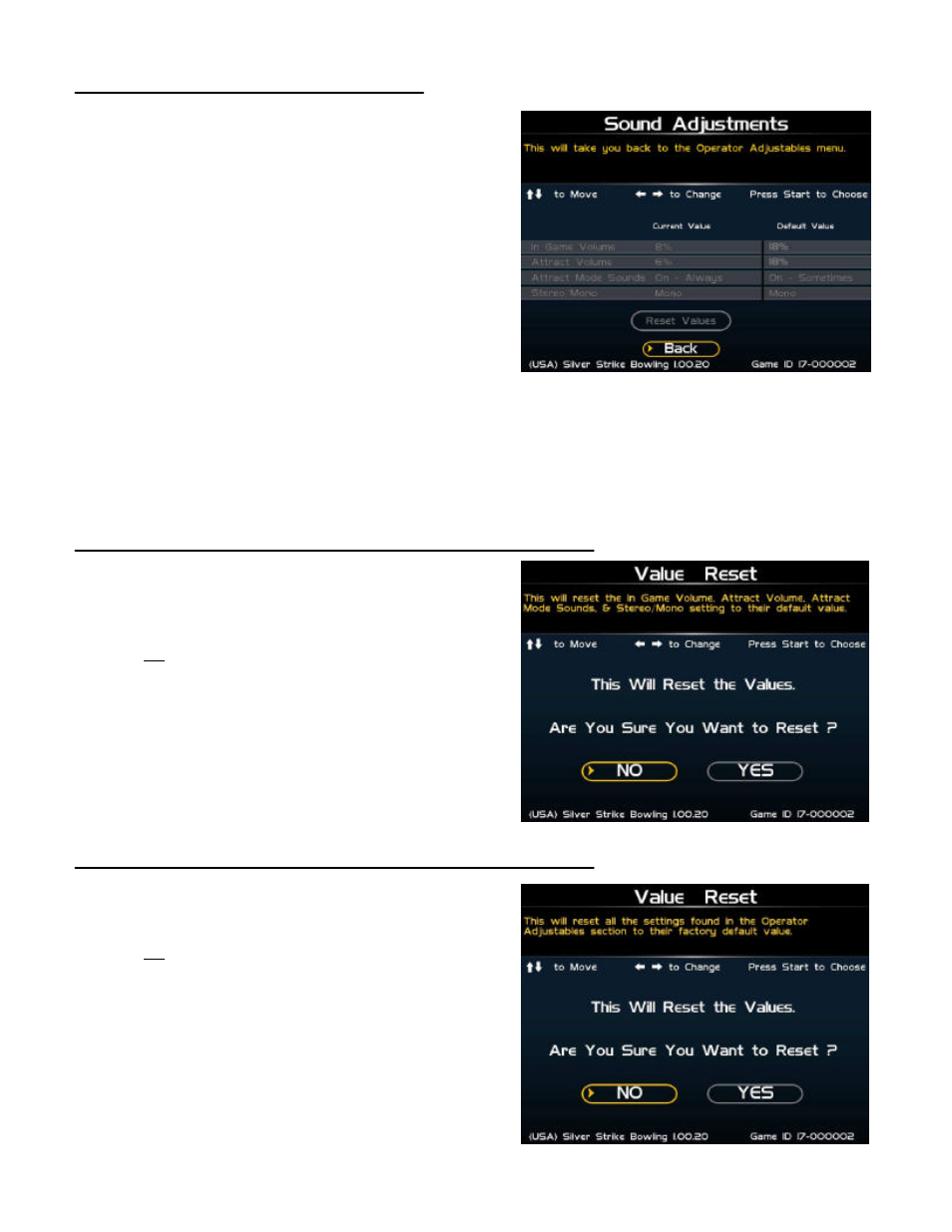 Sound adjustments, Value reset (sound adjustments), Value reset (reset to factory settings) | Nighthawk SILVER STRIKE BOWLING User Manual | Page 27 / 59