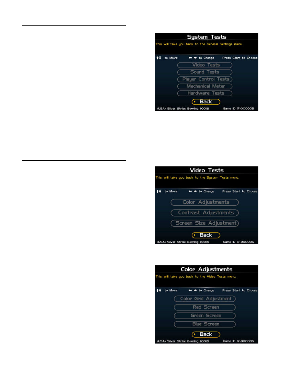 System tests, Video tests, Color adjustments | Nighthawk SILVER STRIKE BOWLING User Manual | Page 28 / 59