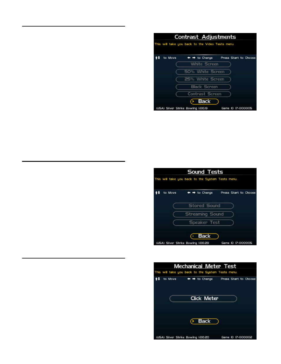 Contrast adjustments, Sound tests, Mechanical meter | Nighthawk SILVER STRIKE BOWLING User Manual | Page 29 / 59