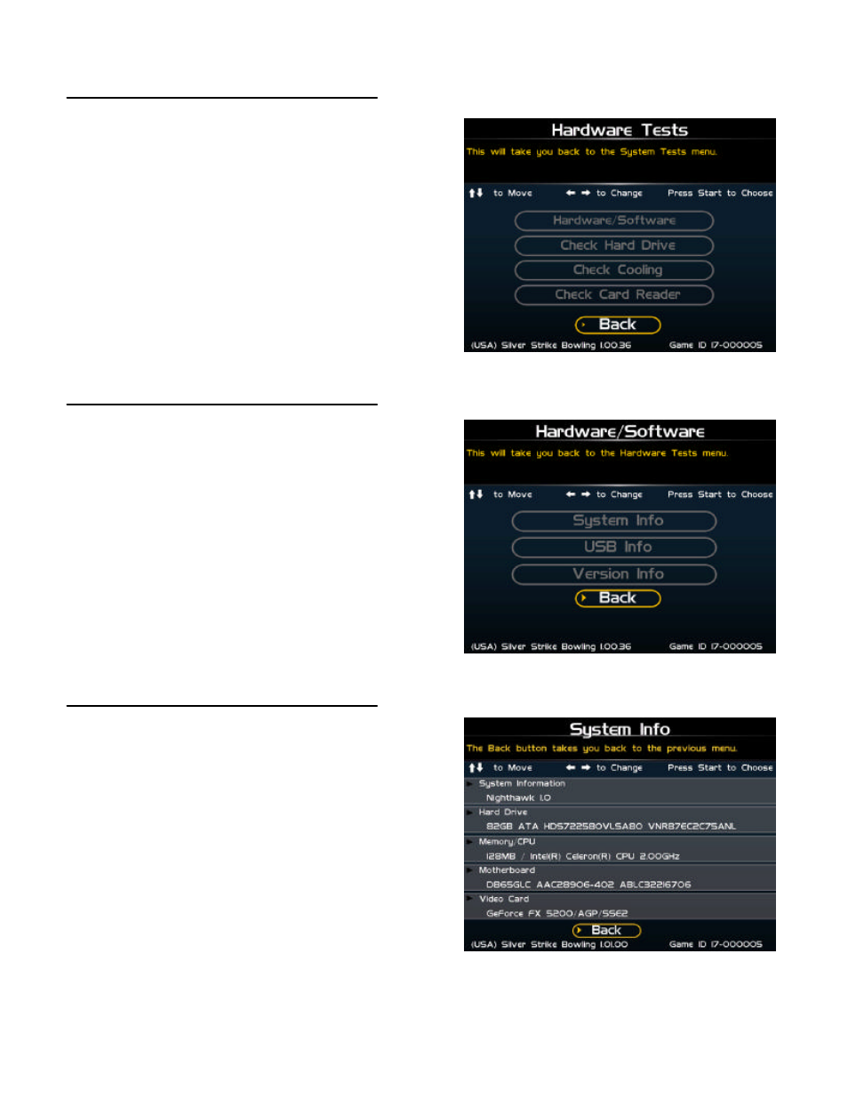 Hardware tests, Hardware/software, System info | Nighthawk SILVER STRIKE BOWLING User Manual | Page 30 / 59
