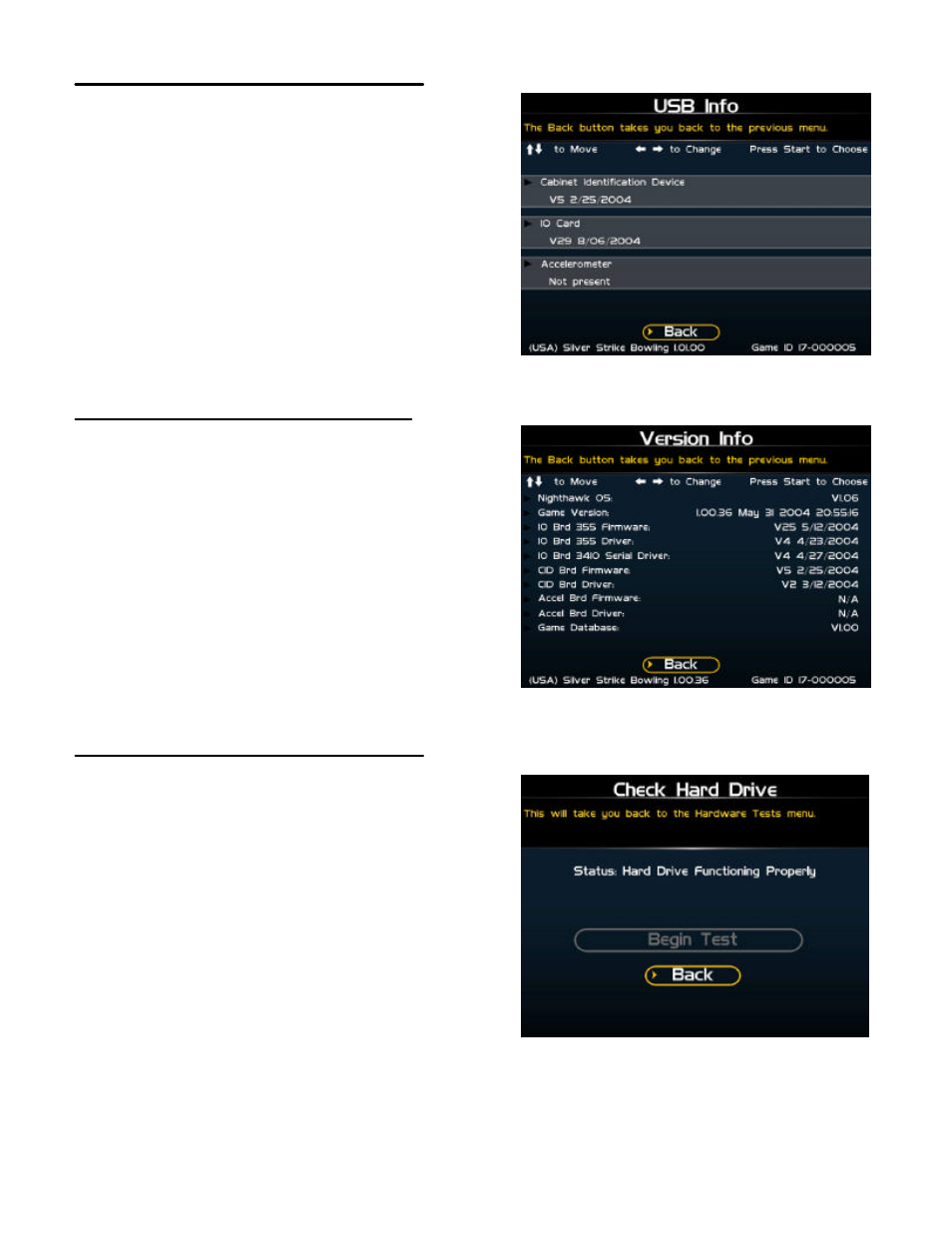 Usb info, Version info, Check hard drive | Nighthawk SILVER STRIKE BOWLING User Manual | Page 31 / 59