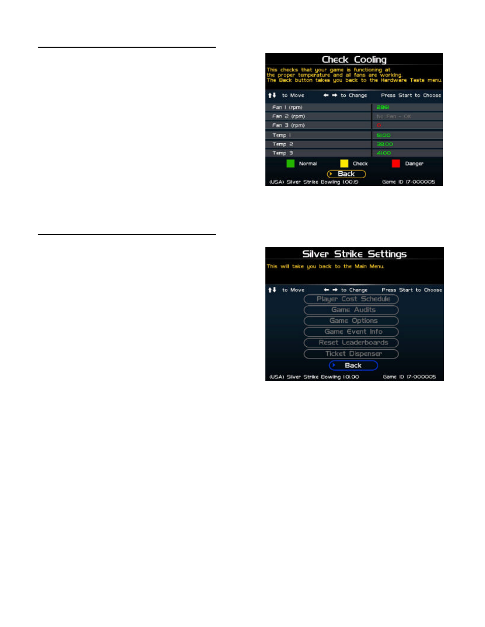 Check cooling, Silver strike settings | Nighthawk SILVER STRIKE BOWLING User Manual | Page 32 / 59