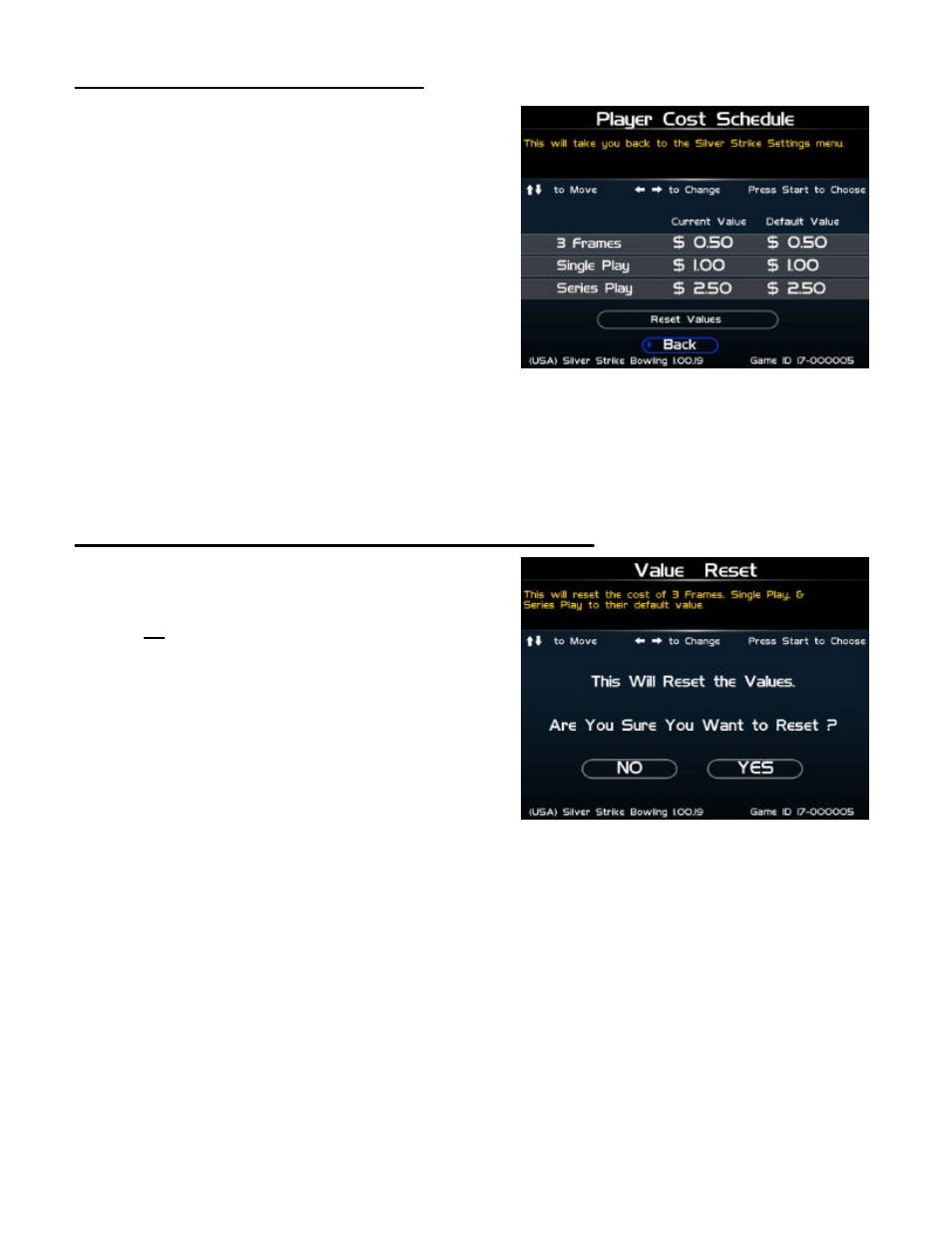 Player cost schedule, Value reset (player cost schedule) | Nighthawk SILVER STRIKE BOWLING User Manual | Page 33 / 59