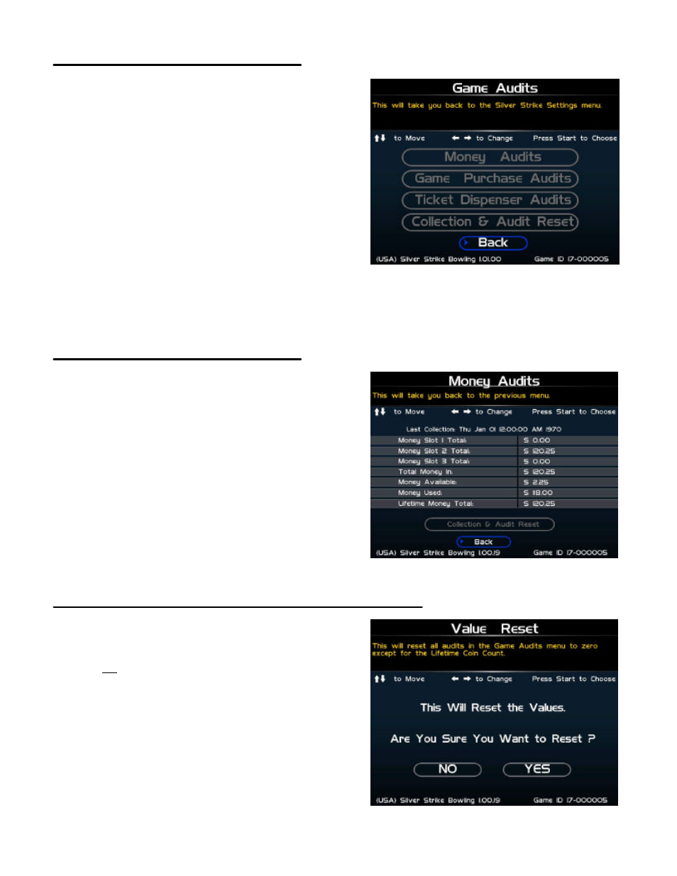 Game audits, Money audits, Value reset (collections and audits reset) | Nighthawk SILVER STRIKE BOWLING User Manual | Page 34 / 59