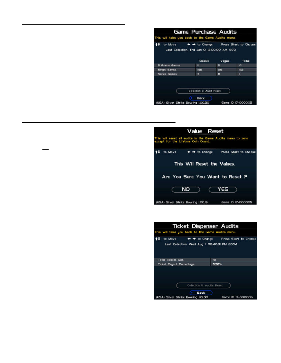 Game purchase audits, Value reset (collections and audits reset), Ticket dispenser audits | Nighthawk SILVER STRIKE BOWLING User Manual | Page 35 / 59