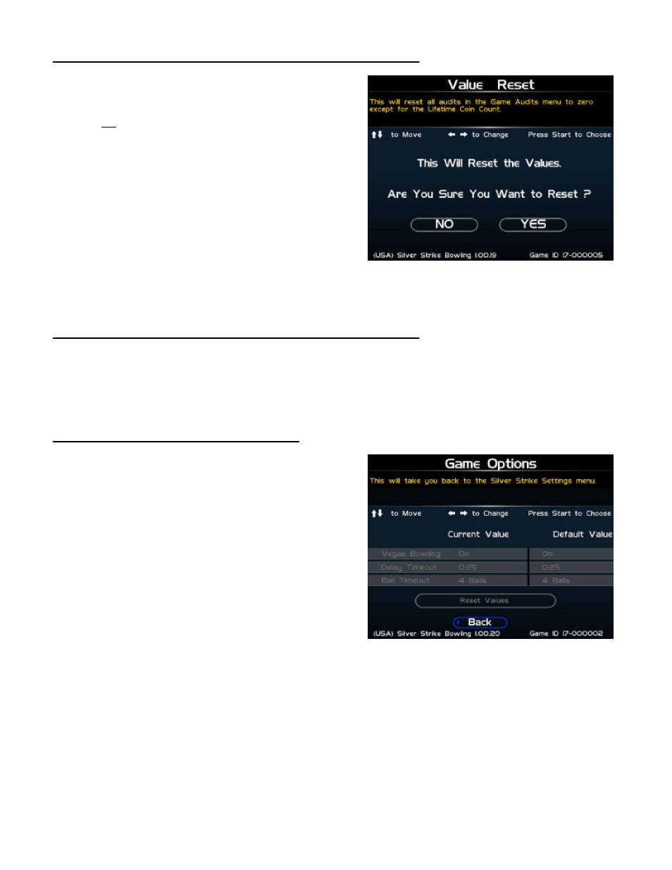 Value reset (collections and audits reset), Game options | Nighthawk SILVER STRIKE BOWLING User Manual | Page 36 / 59