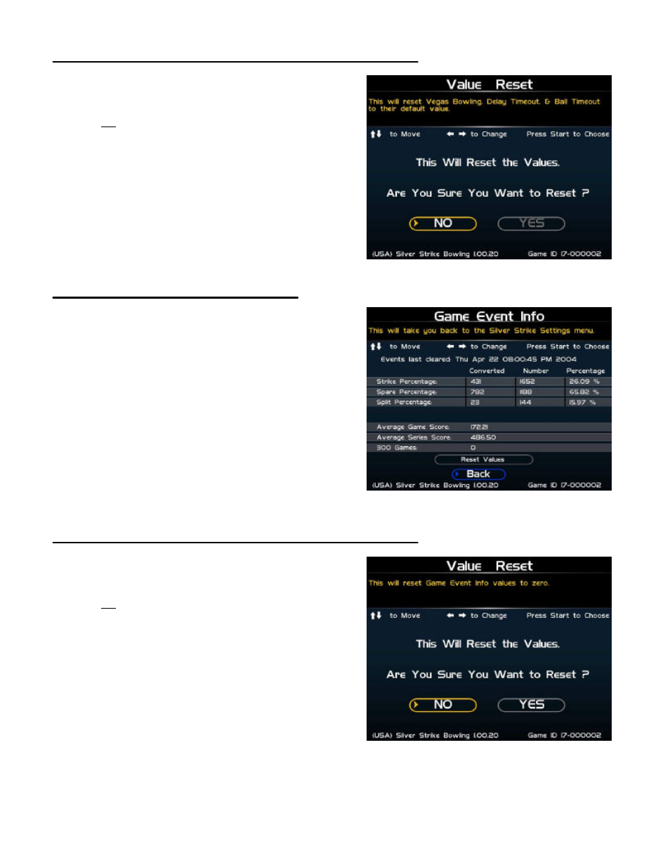 Value reset (game options), Game event info, Value reset (game event info) | Nighthawk SILVER STRIKE BOWLING User Manual | Page 37 / 59