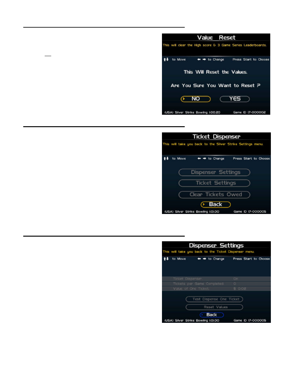 Value reset (reset leaderboards), Ticket dispenser, Dispenser settings | Nighthawk SILVER STRIKE BOWLING User Manual | Page 38 / 59