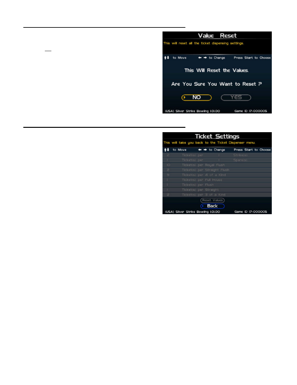 Value reset (dispenser settings), Ticket settings | Nighthawk SILVER STRIKE BOWLING User Manual | Page 39 / 59