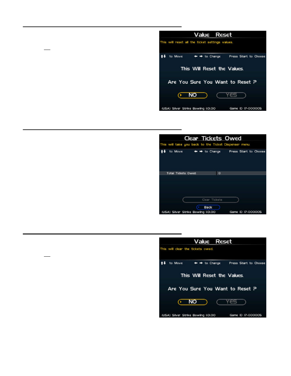 Value reset (ticket settings), Clear tickets owed, Value reset (clear tickets owed) | Nighthawk SILVER STRIKE BOWLING User Manual | Page 40 / 59