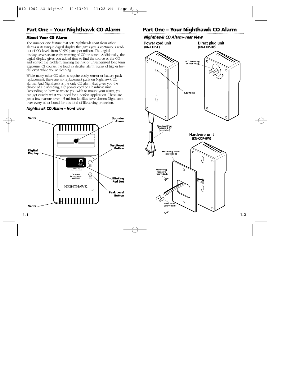 Part one – your nighthawk co alarm, Nighthawk co alarm– rear view, Power cord unit | Hardwire unit, Direct plug unit | Nighthawk KN-COP-C User Manual | Page 5 / 20