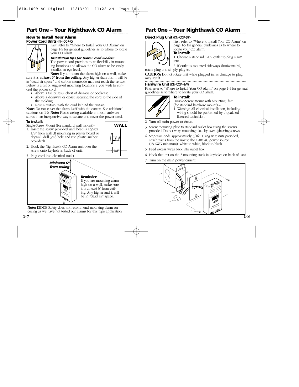 Part one – your nighthawk co alarm, Ca rb on m on ox id e al ar m wall | Nighthawk KN-COP-C User Manual | Page 8 / 20