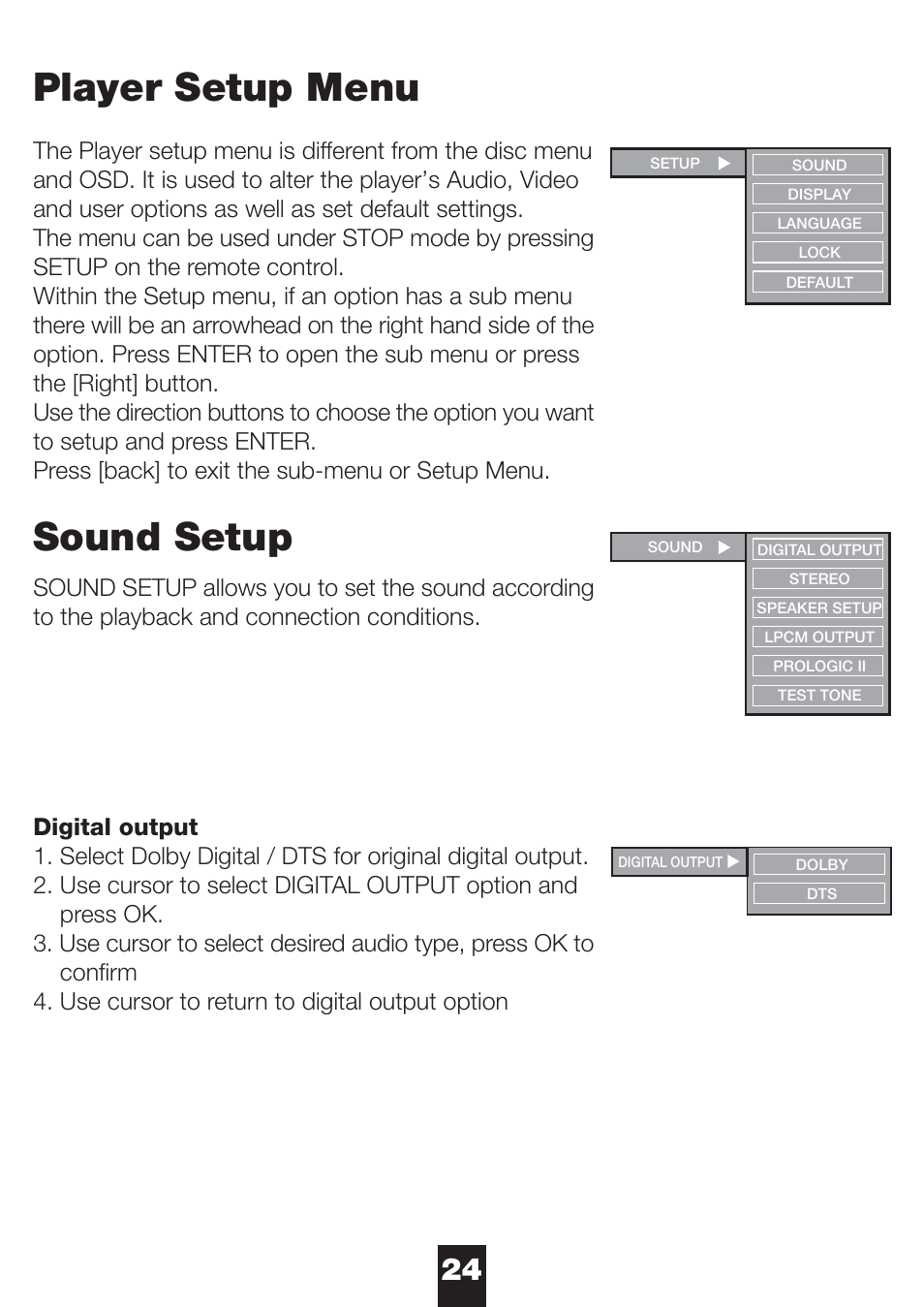 Player setup menu, Sound setup | NeoDigits.com NeoDigits Helios H4000 User Manual | Page 26 / 34
