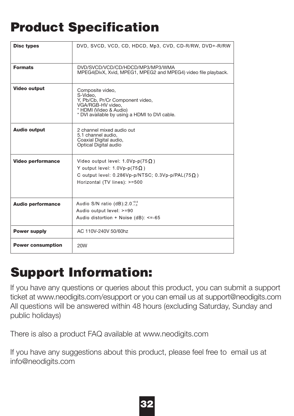 Product specification, Support information | NeoDigits.com NeoDigits Helios H4000 User Manual | Page 34 / 34