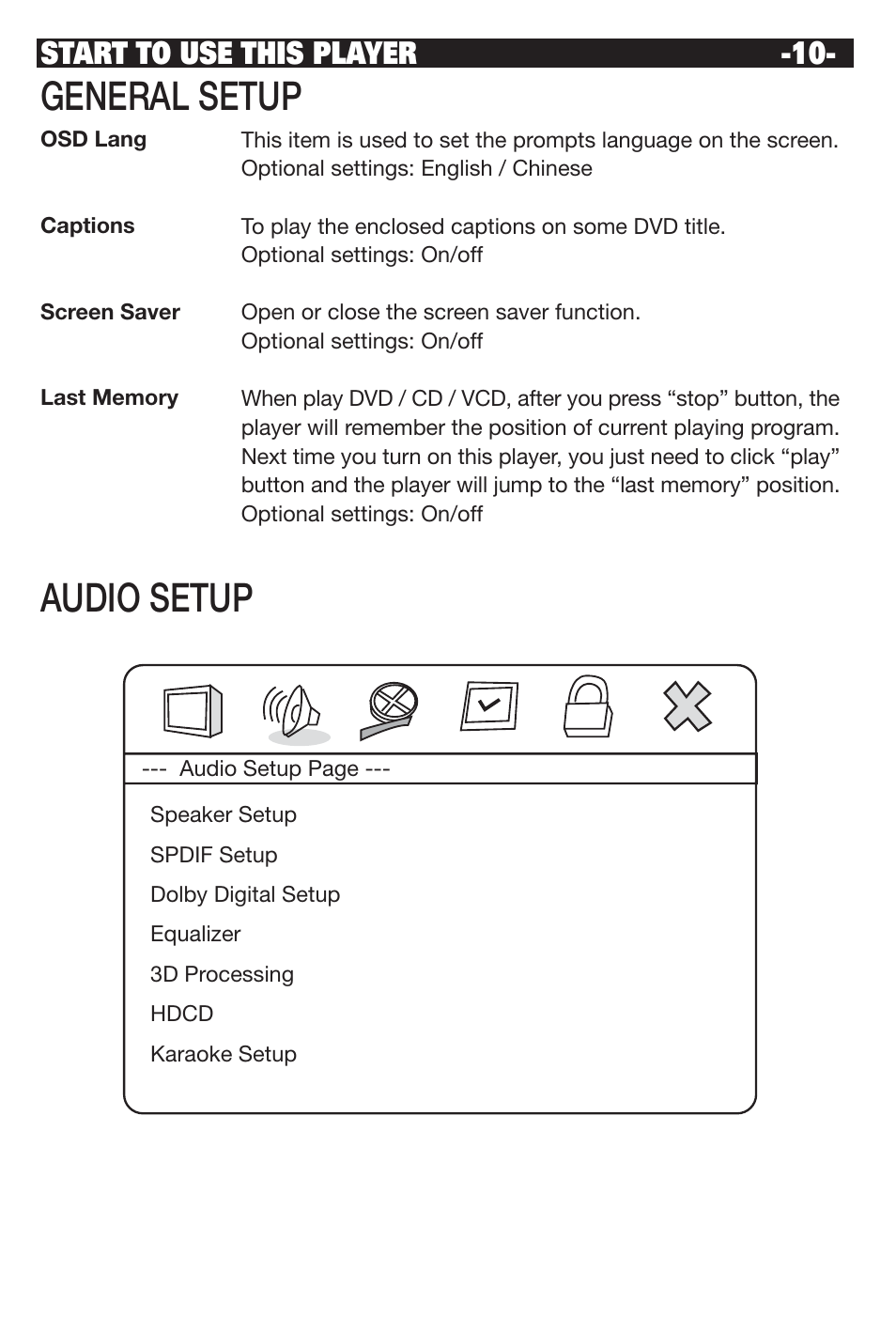 General setup, Audio setup, Start to use this player | NeoDigits.com NEUNEO MPEG4 User Manual | Page 12 / 24