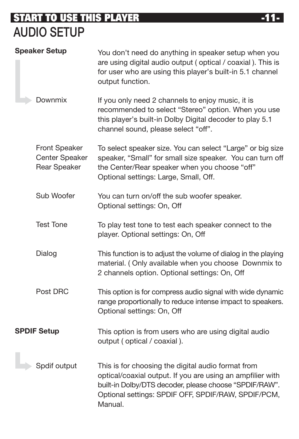 Audio setup, Start to use this player | NeoDigits.com NEUNEO MPEG4 User Manual | Page 13 / 24