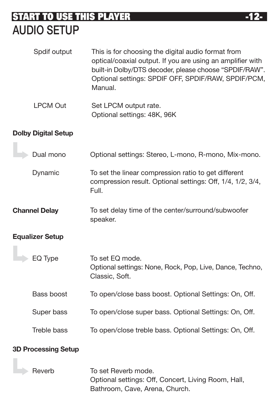 Audio setup, Start to use this player | NeoDigits.com NEUNEO MPEG4 User Manual | Page 14 / 24