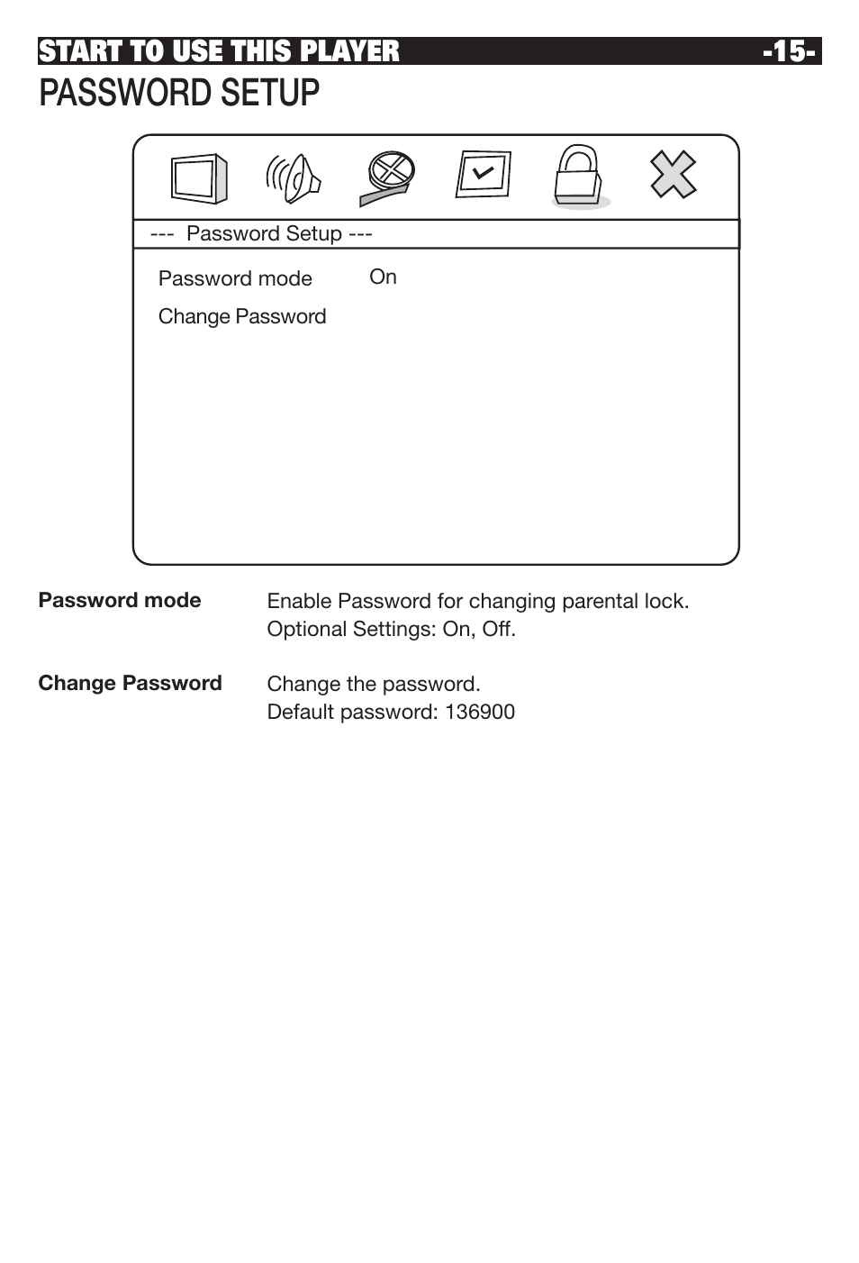 Password setup, Start to use this player | NeoDigits.com NEUNEO MPEG4 User Manual | Page 17 / 24