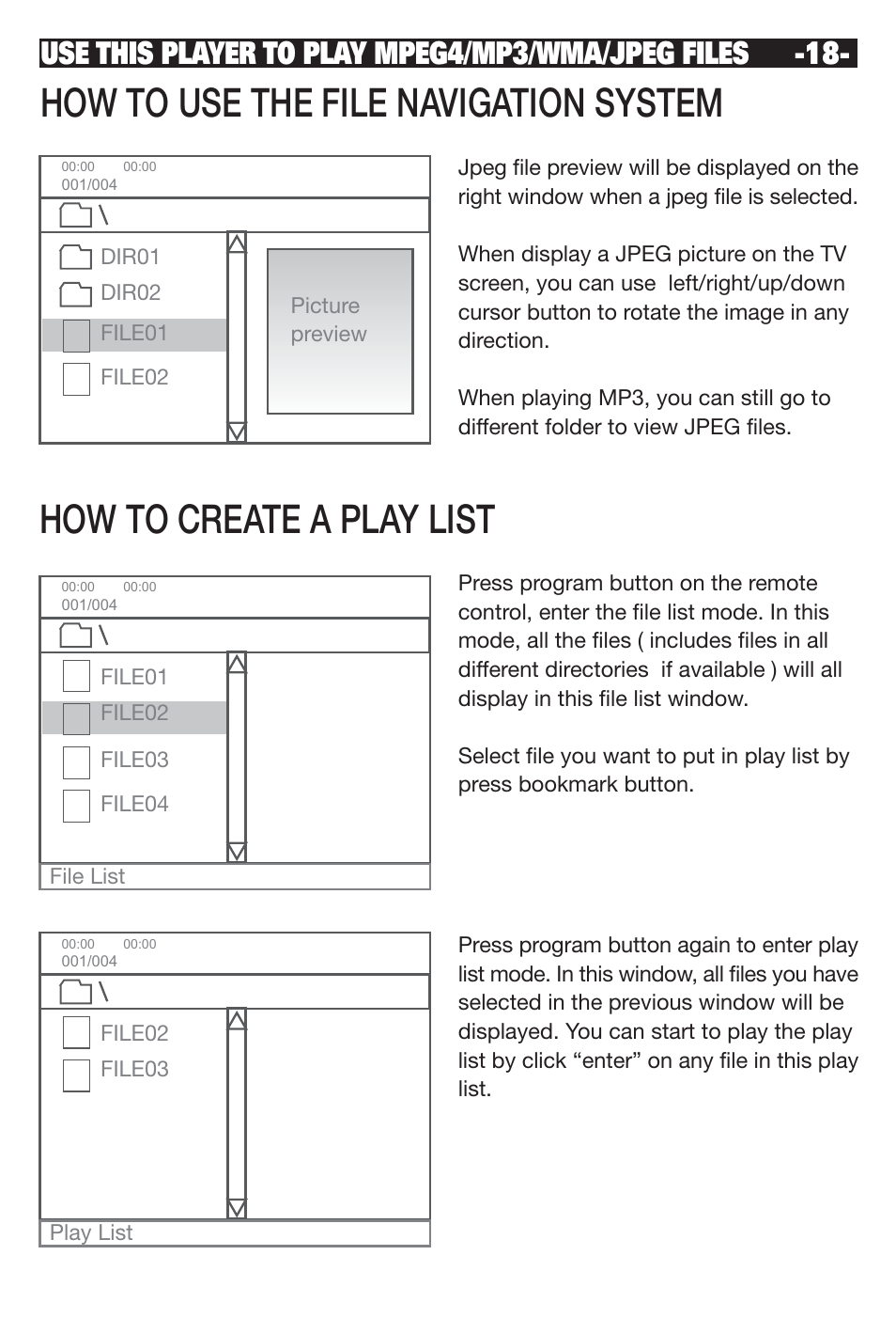 How to use the file navigation system, How to create a play list | NeoDigits.com NEUNEO MPEG4 User Manual | Page 20 / 24