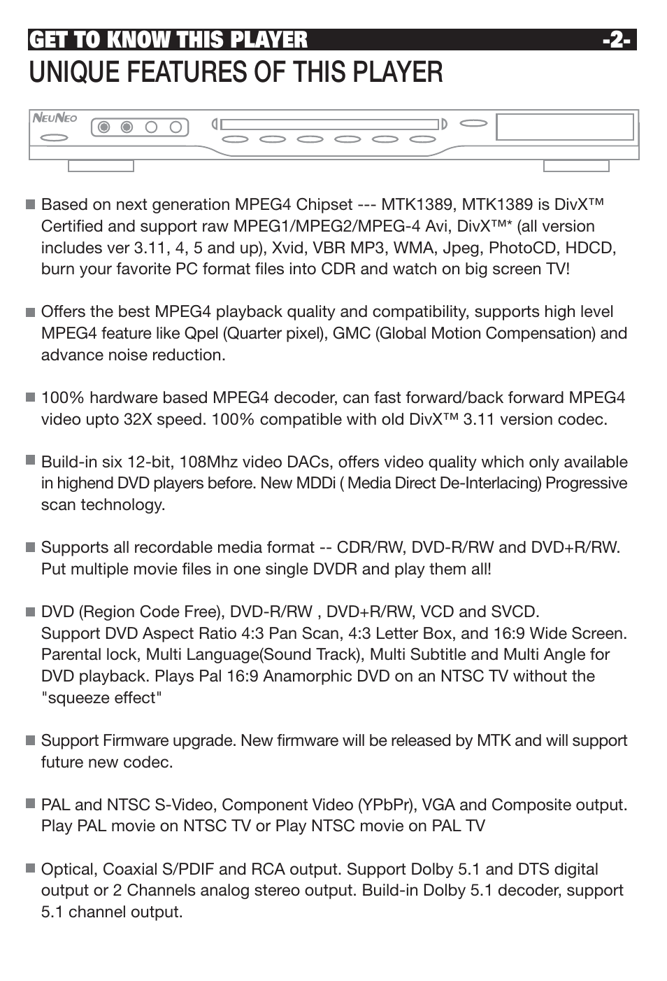 Unique features of this player, Get to know this player -2 | NeoDigits.com NEUNEO MPEG4 User Manual | Page 4 / 24