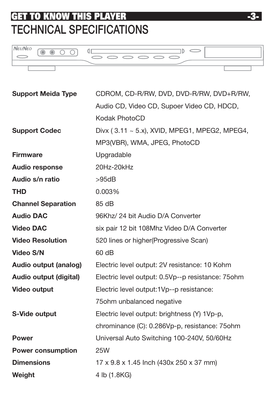 Technical specifications, Get to know this player -3 | NeoDigits.com NEUNEO MPEG4 User Manual | Page 5 / 24