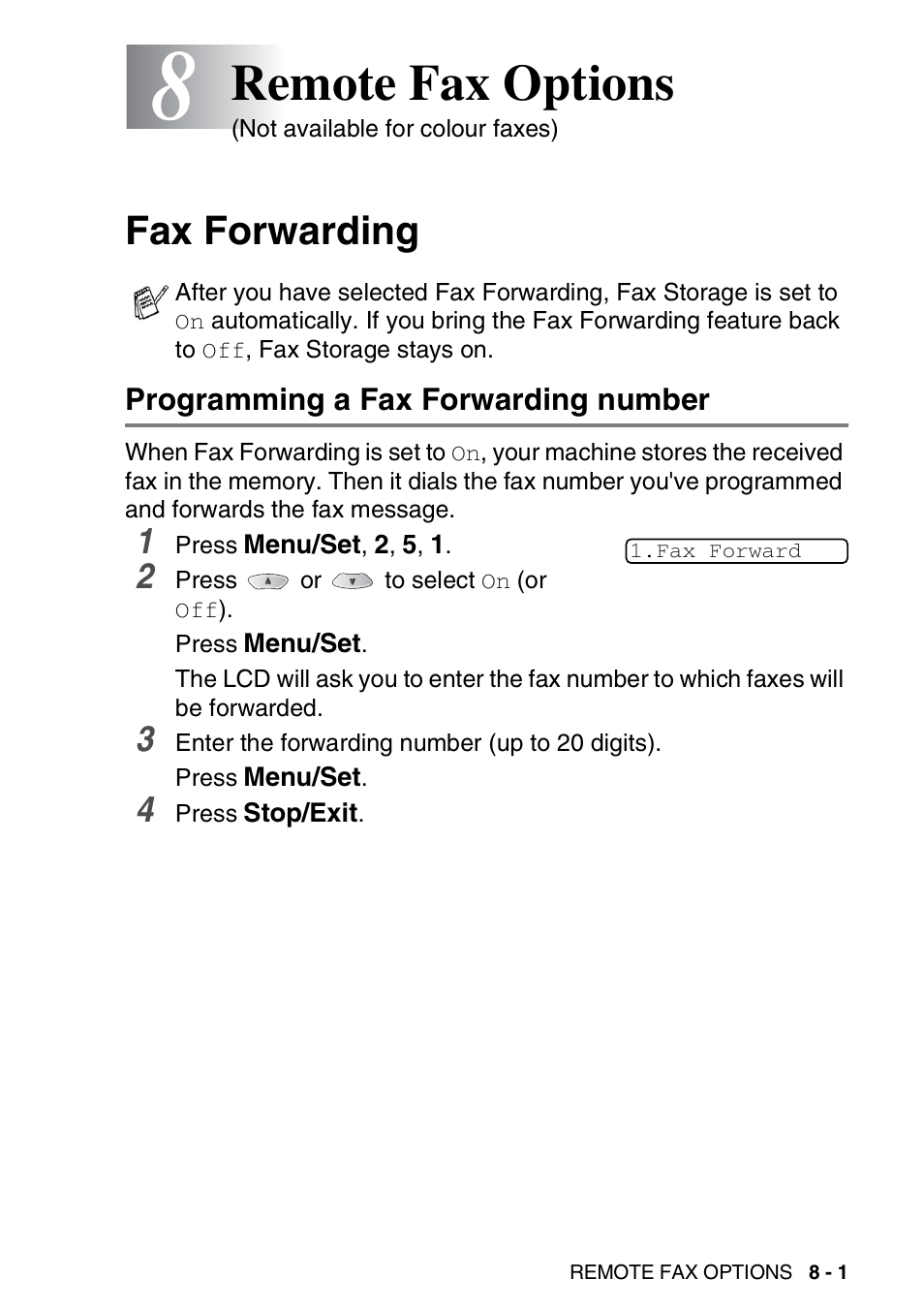 8 remote fax options, Fax forwarding, Programming a fax forwarding number | Remote fax options -1, Fax forwarding -1, Programming a fax forwarding number -1, Remote fax options | Nordic Star Products MFC-3420C User Manual | Page 103 / 190