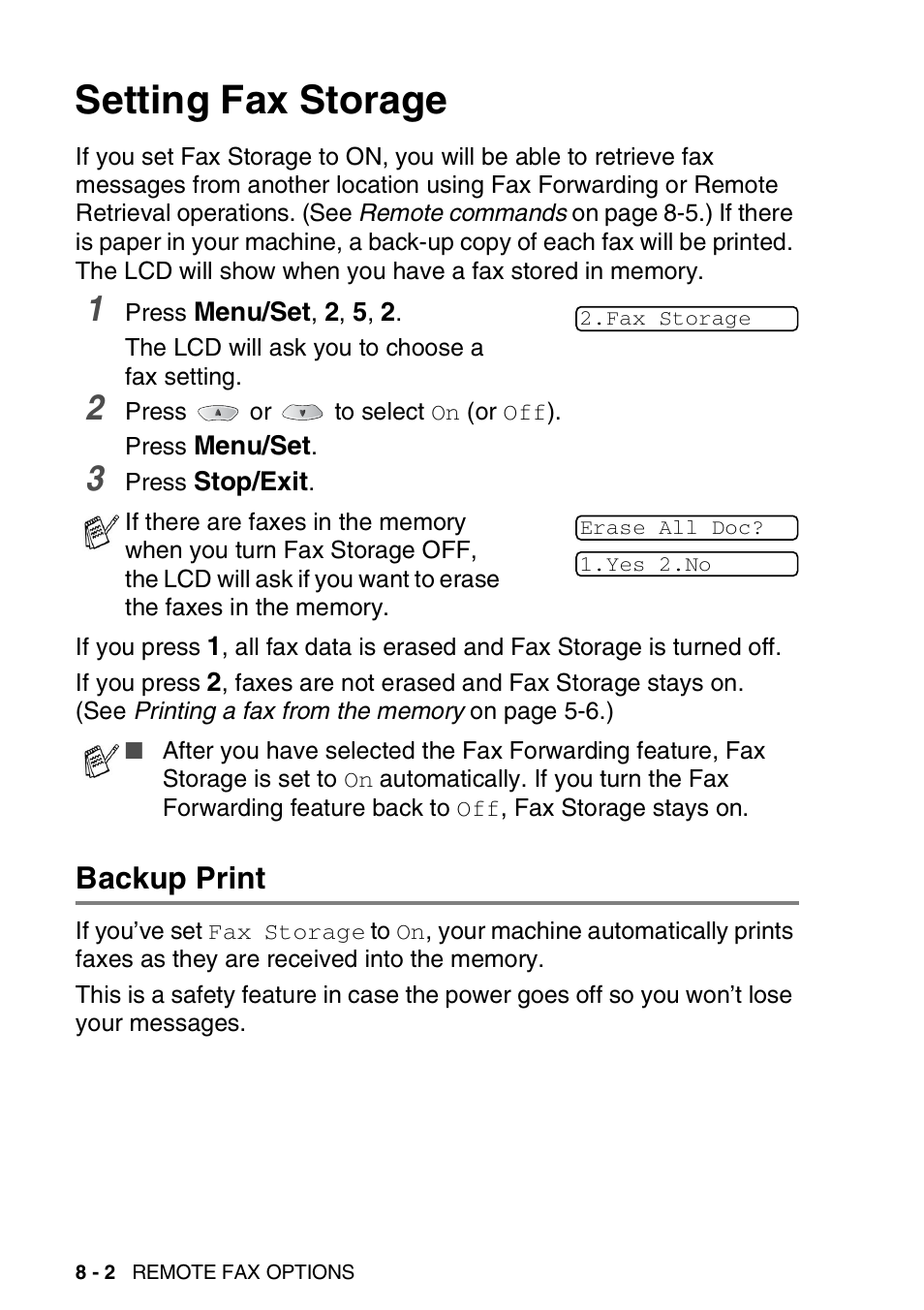 Setting fax storage, Backup print, Setting fax storage -2 | Backup print -2 | Nordic Star Products MFC-3420C User Manual | Page 104 / 190