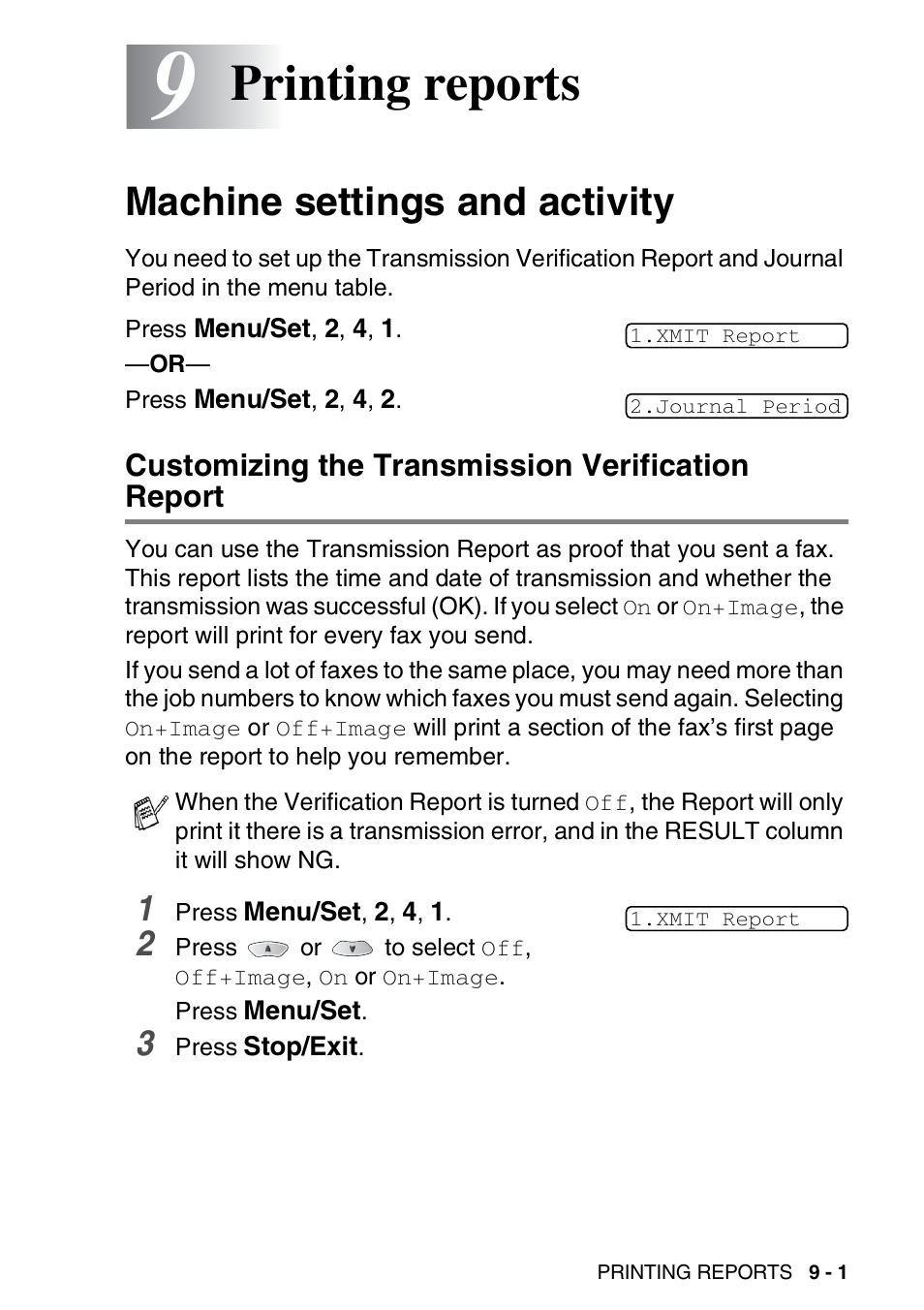 9 printing reports, Machine settings and activity, Customizing the transmission verification report | Printing reports -1, Machine settings and activity -1, Printing reports | Nordic Star Products MFC-3420C User Manual | Page 109 / 190