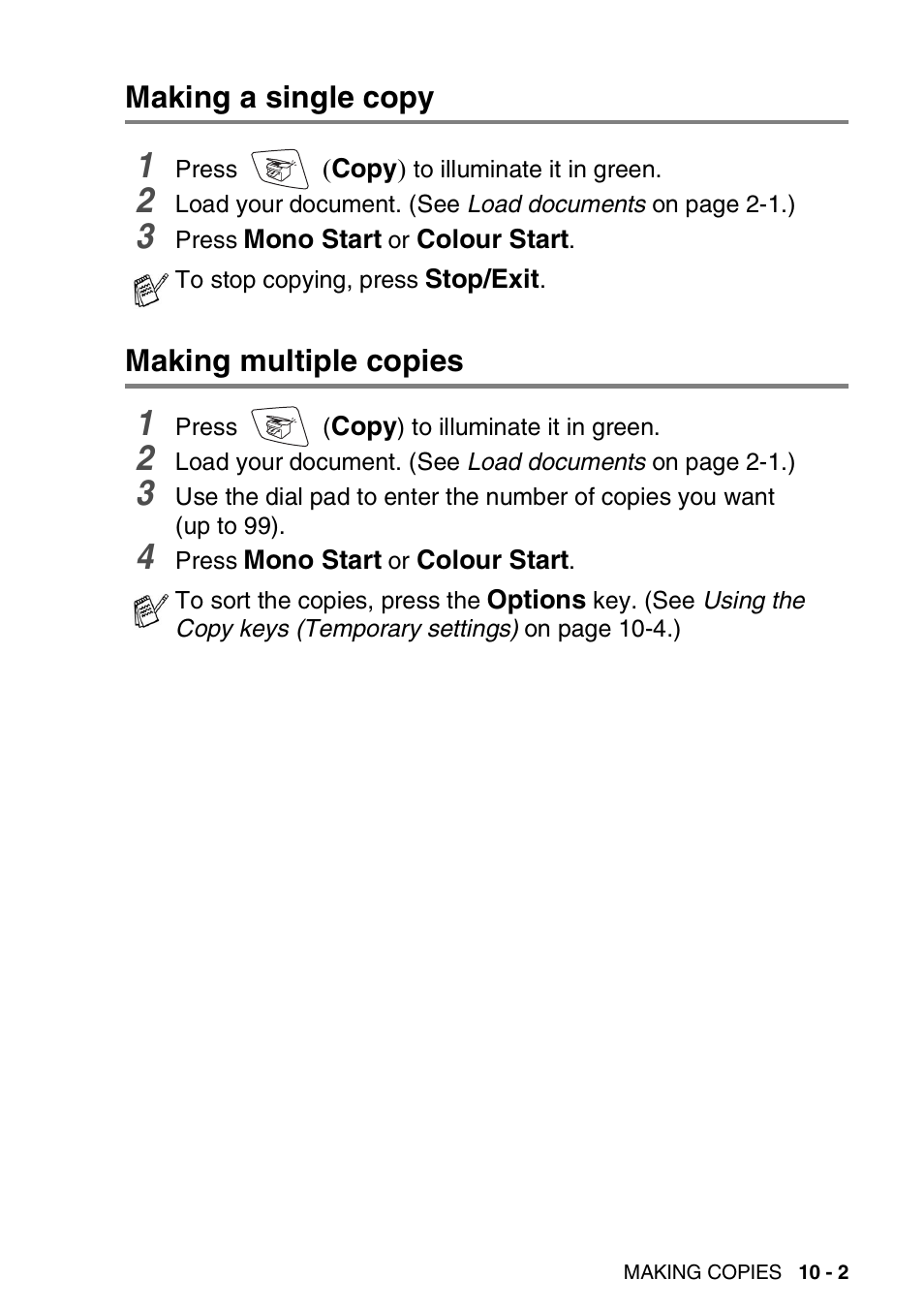 Making a single copy, Making multiple copies, Making a single copy -2 making multiple copies -2 | Nordic Star Products MFC-3420C User Manual | Page 113 / 190