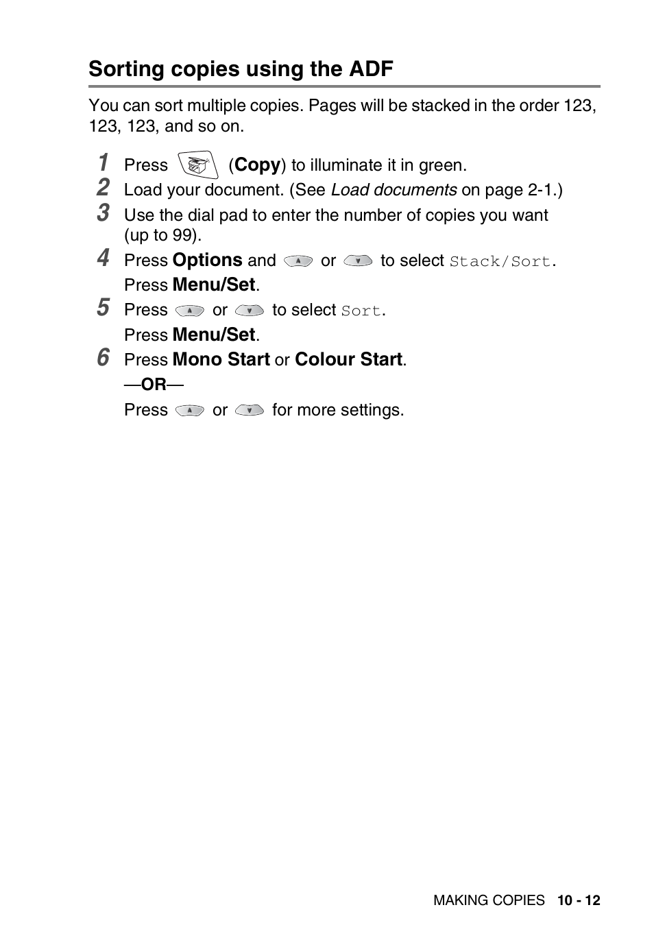 Sorting copies using the adf, Sorting copies using the adf -12 | Nordic Star Products MFC-3420C User Manual | Page 123 / 190