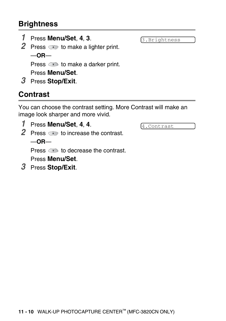 Brightness, Contrast, Brightness -10 contrast -10 | Nordic Star Products MFC-3420C User Manual | Page 138 / 190