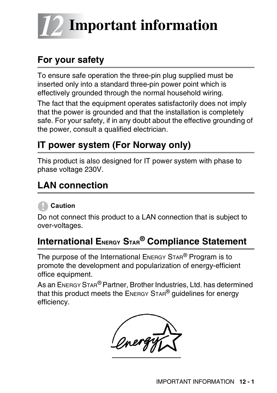 12 important information, For your safety, It power system (for norway only) | Lan connection, International energy star® compliance statement, Important information -1, Nergy, Compliance, Statement -1, Important information | Nordic Star Products MFC-3420C User Manual | Page 143 / 190