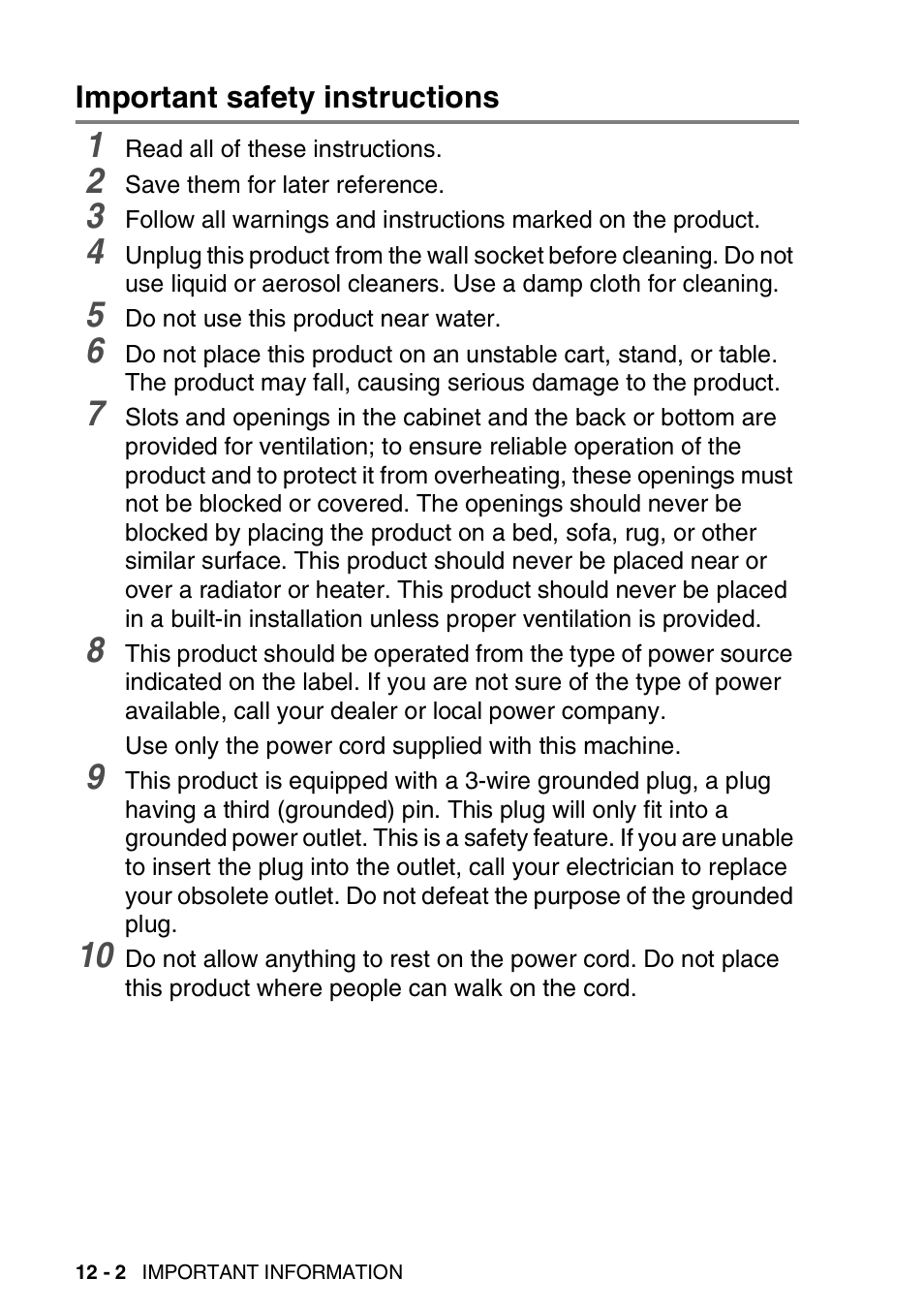 Important safety instructions, Important safety instructions -2 | Nordic Star Products MFC-3420C User Manual | Page 144 / 190