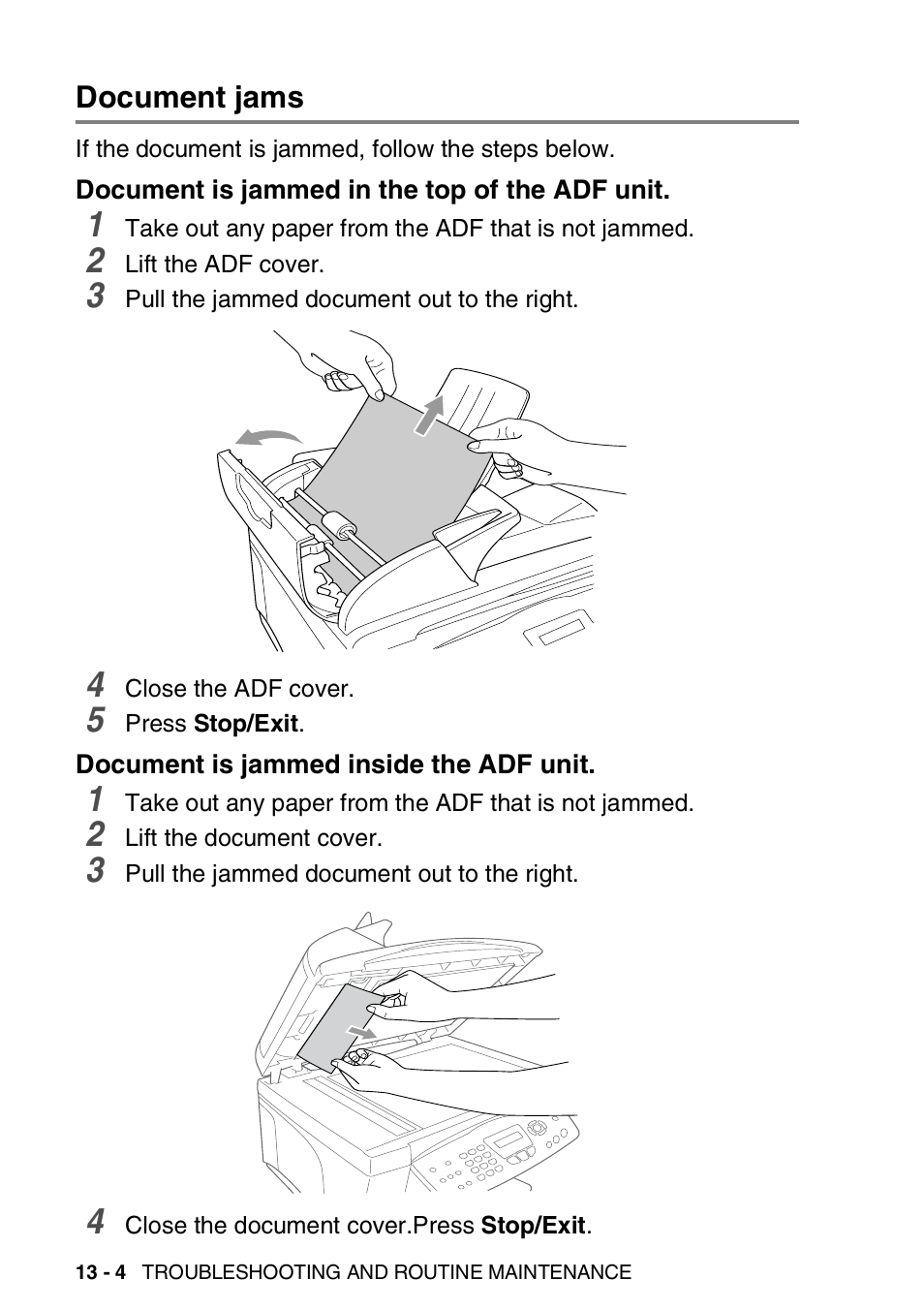 Document jams, Document is jammed in the top of the adf unit, Document is jammed inside the adf unit | Document jams -4, Document is jammed in the top of, The adf unit -4, Document is jammed inside the adf unit -4 | Nordic Star Products MFC-3420C User Manual | Page 150 / 190