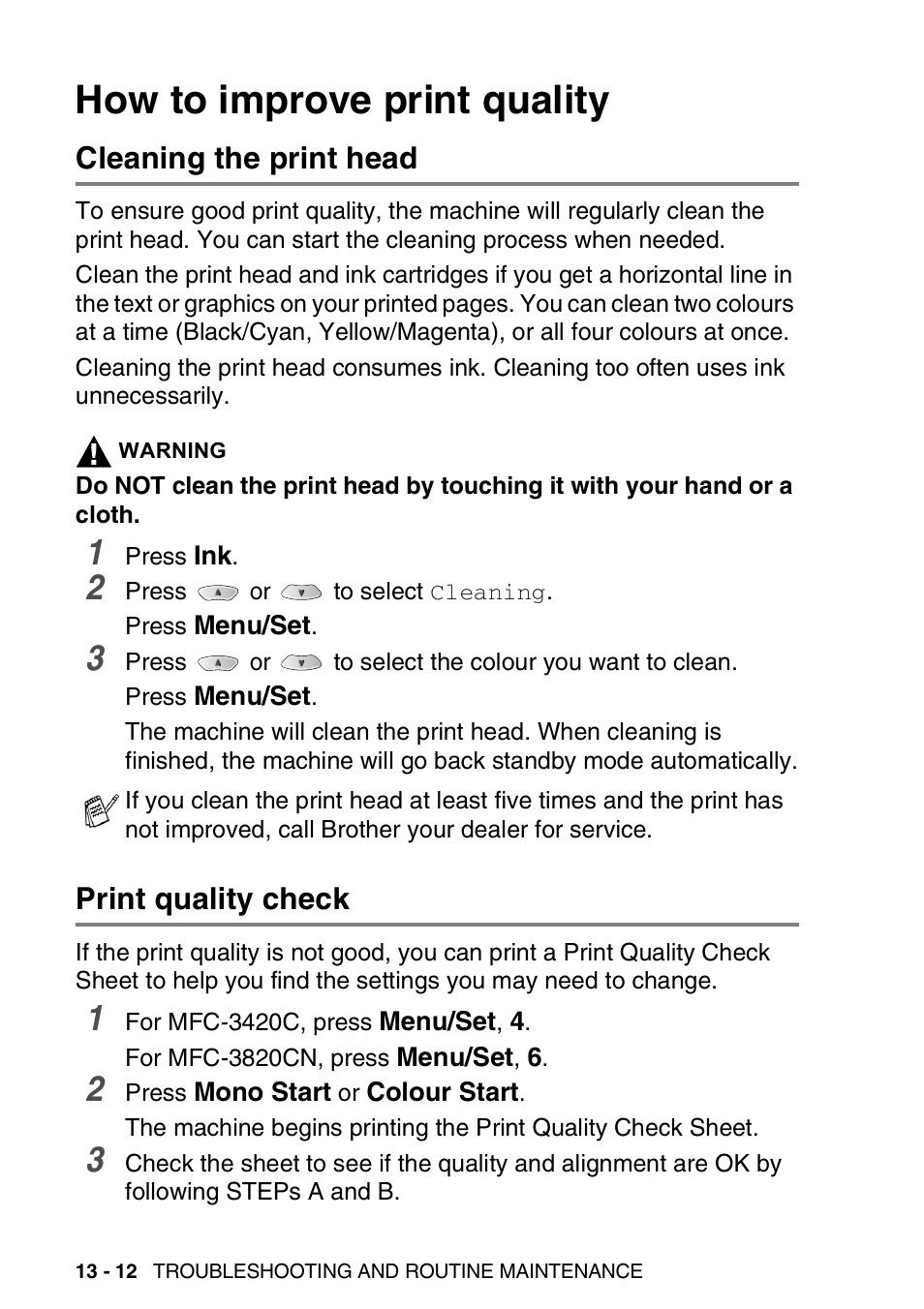 How to improve print quality, Cleaning the print head, Print quality check | How to improve print quality -12 | Nordic Star Products MFC-3420C User Manual | Page 158 / 190