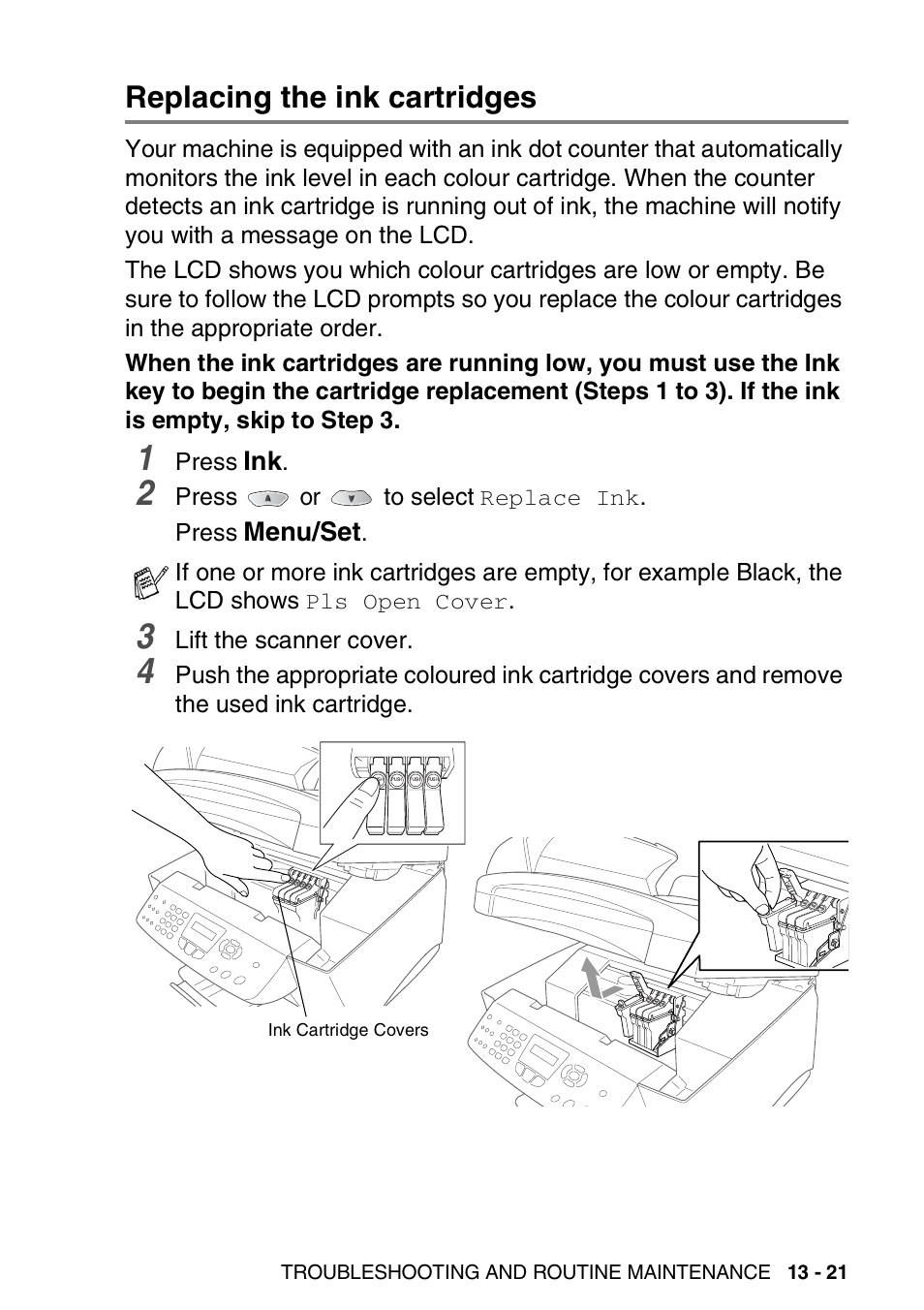 Replacing the ink cartridges, Replacing the ink cartridges -21 | Nordic Star Products MFC-3420C User Manual | Page 167 / 190