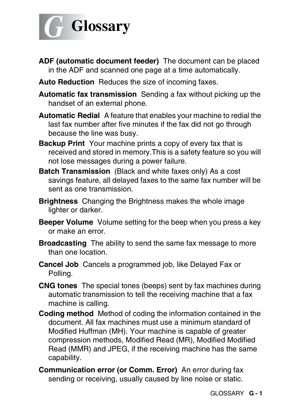 Glossary | Nordic Star Products MFC-3420C User Manual | Page 171 / 190